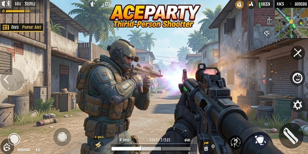 Screenshot gameplay ACEPARTY menampilkan aksi seru dalam pertempuran TPS.