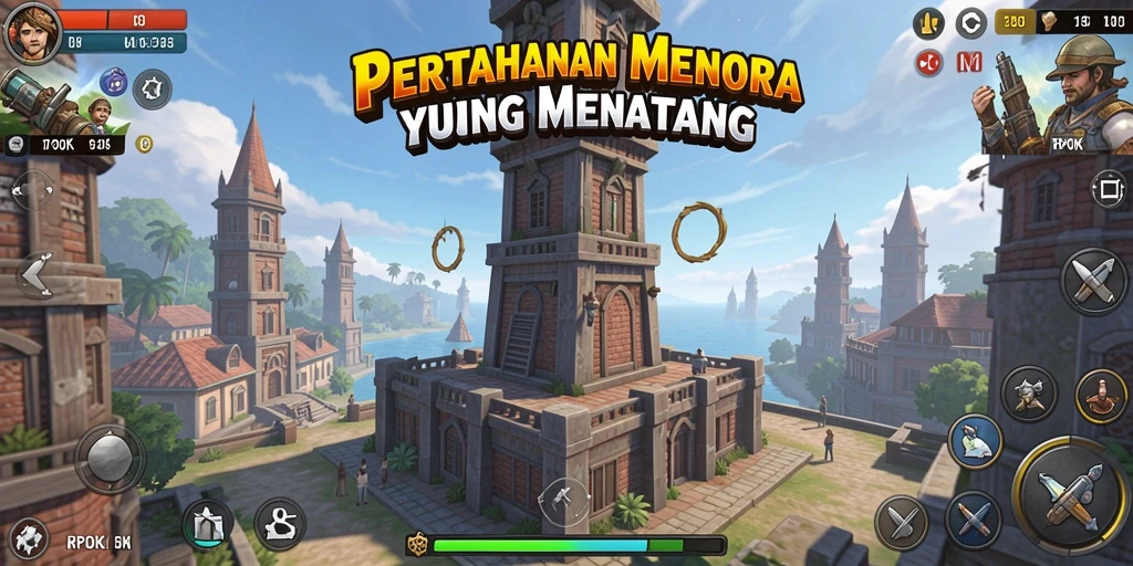 Tampilan gameplay RPOK dengan menara yang sedang bertahan dari serangan musuh.